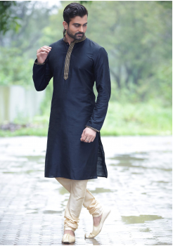 Black Color Dupion Silk And Art Silk Fabric Kurta Set